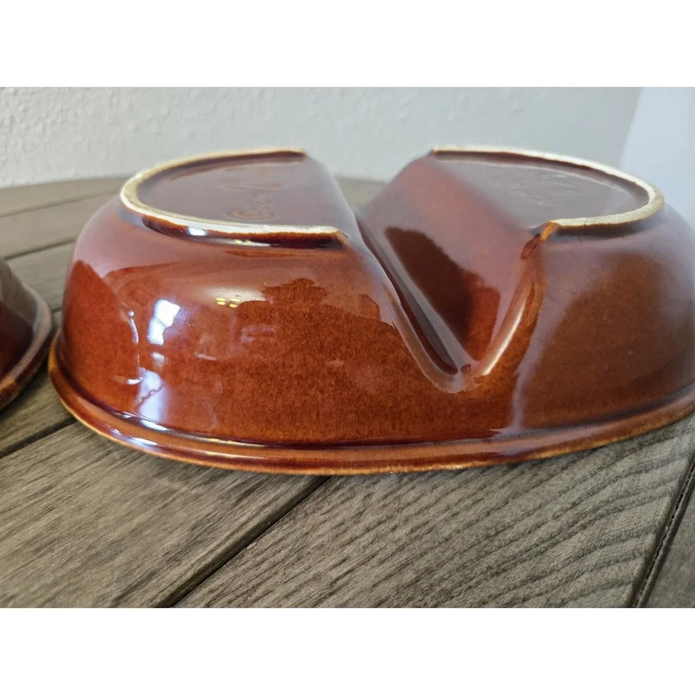 Set Of 2 Divided Oval Serving Dish Hull Oven Proof HP Co. Brown Drip Glaze 11